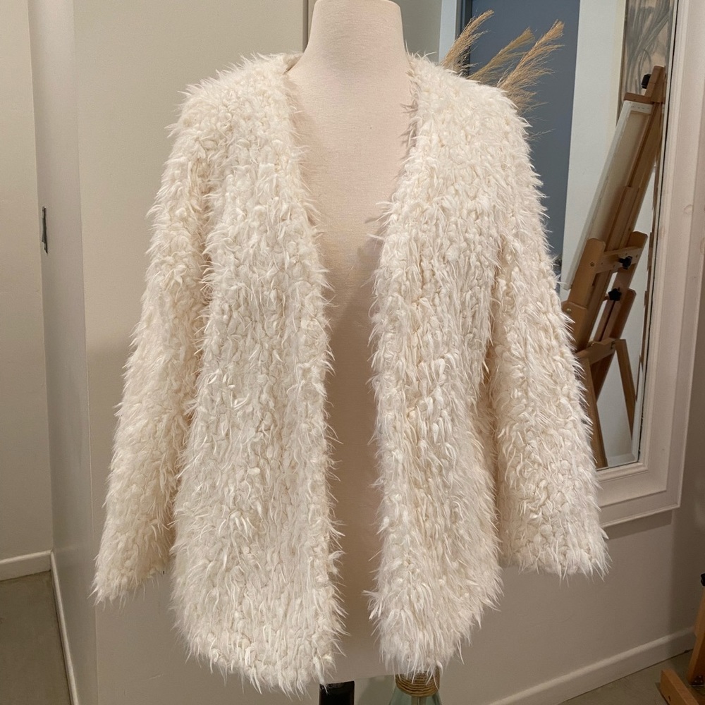 Open Front Shearling Teddy Fuzzy Fur White Coat - Small S